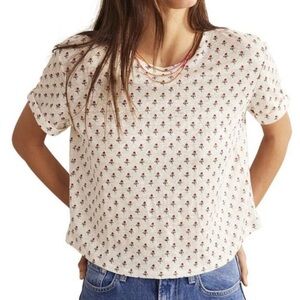 Boden 100% Linen Short Sleeve Boxy Crop Shirt-White/Pink Flower Print-US Size 10